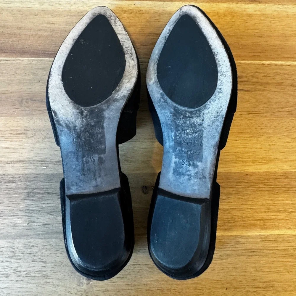Eileen Fisher Women 6.5‎ Black Suede Pointed Toe d'Orsay Flats Elastic Strap